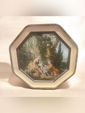 Vintage MCM Sunshine Biscuit tin lid featuring Rococo-style pastoral scene.